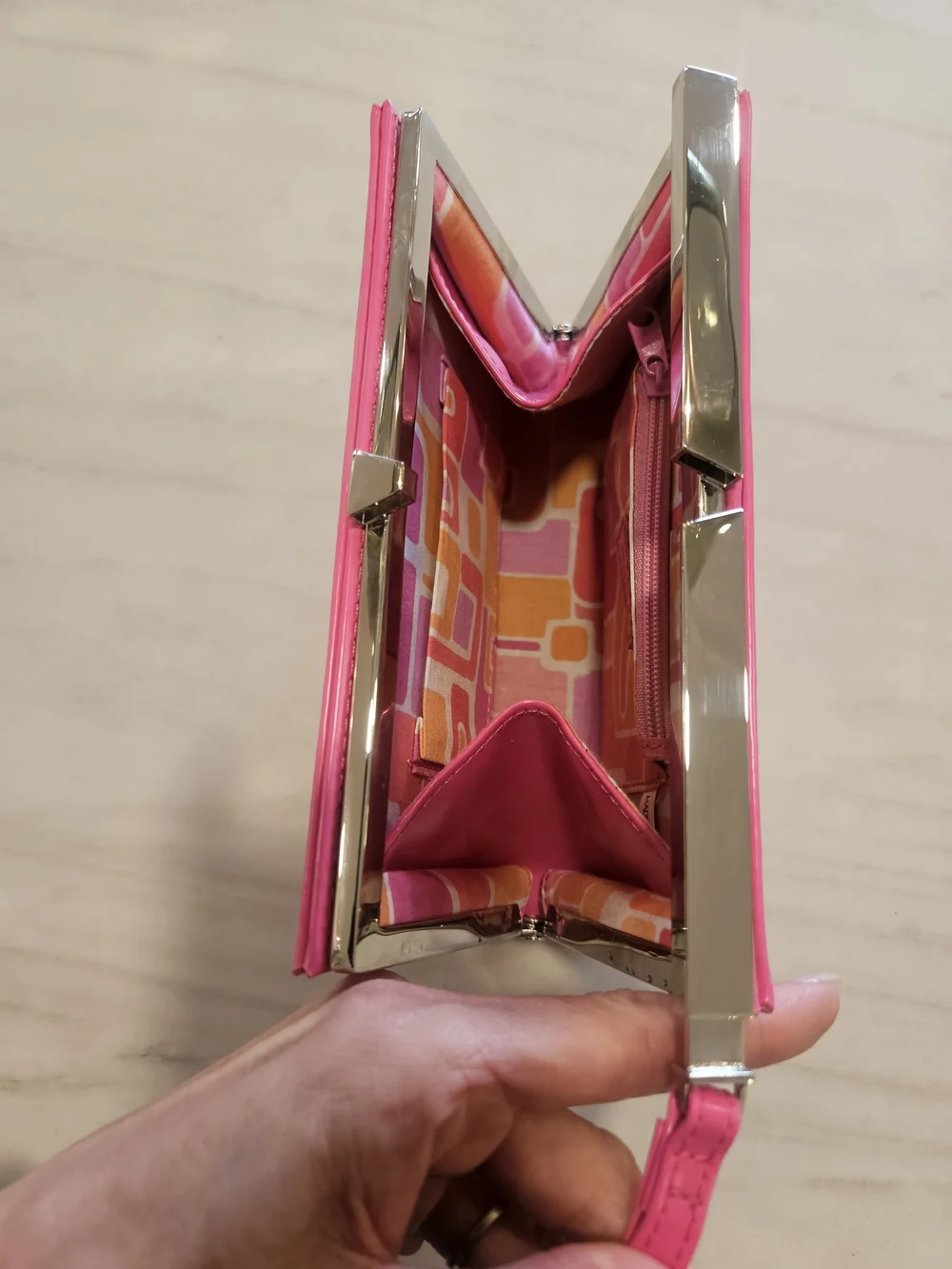 ALDO Hot Pink Patent Leather Frame Clutch Wallet Retro Geometric Lining Wristlet